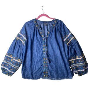 Chelsea & Theodore Top Womens Size L Boho Floral Embroidered Denim Blouse